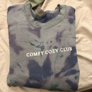 blue and purple tie dye sweatshirt , comfy clothes